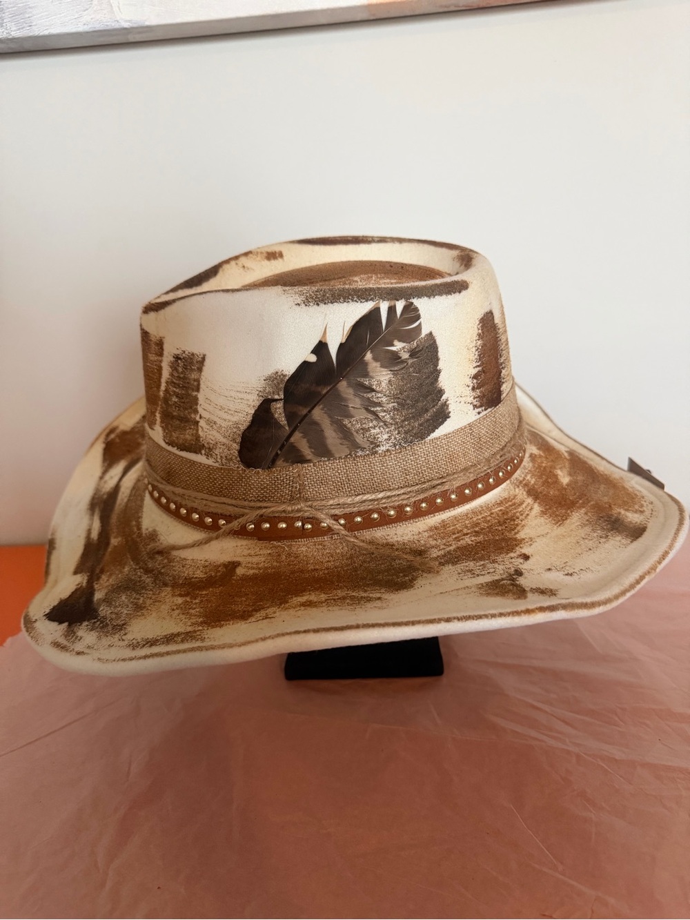 Women Brown & Cream Feather Trim Western Hat